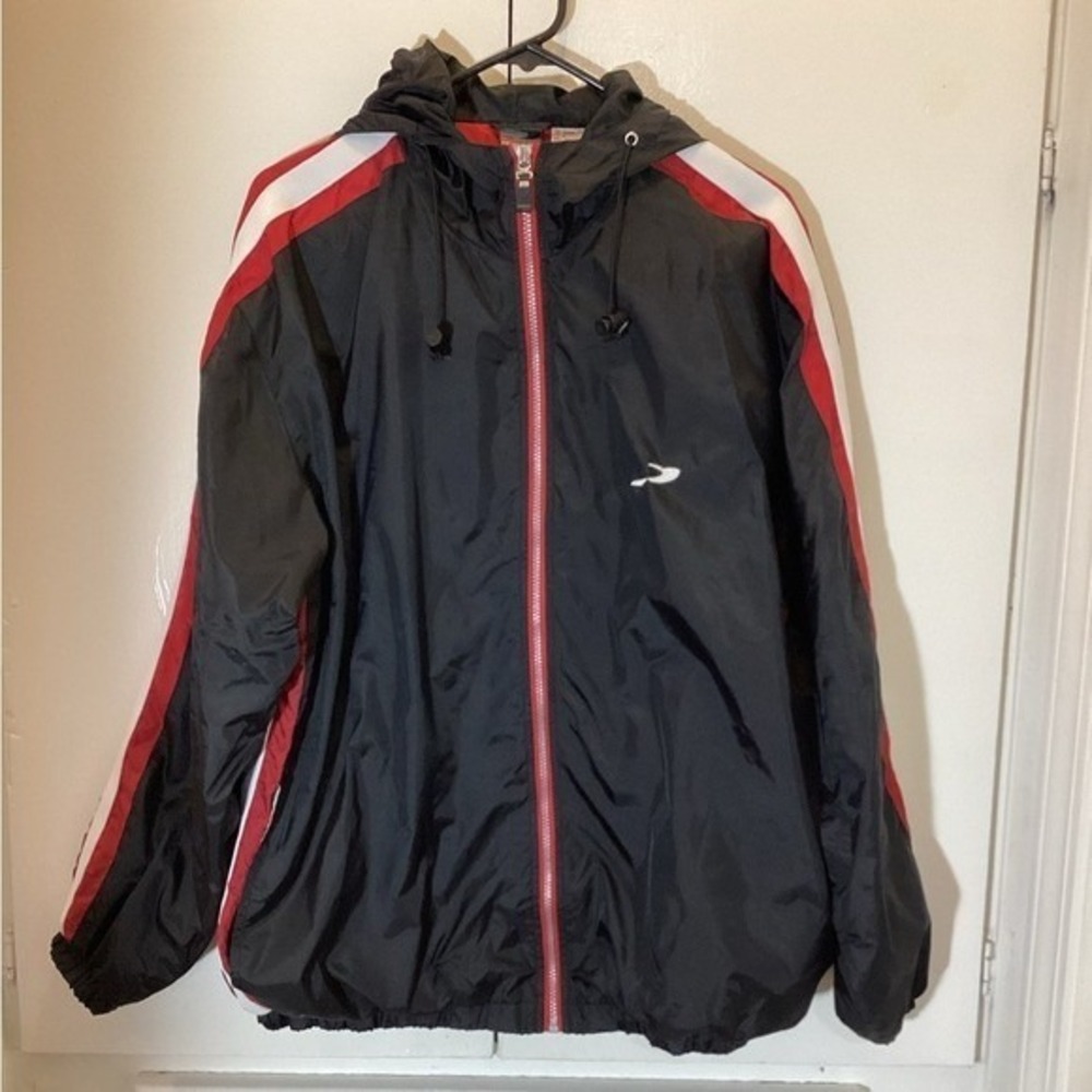 Vintage Windbreaker Jacket Black Red White Stripe Full Zip Hooded Coat Sz M